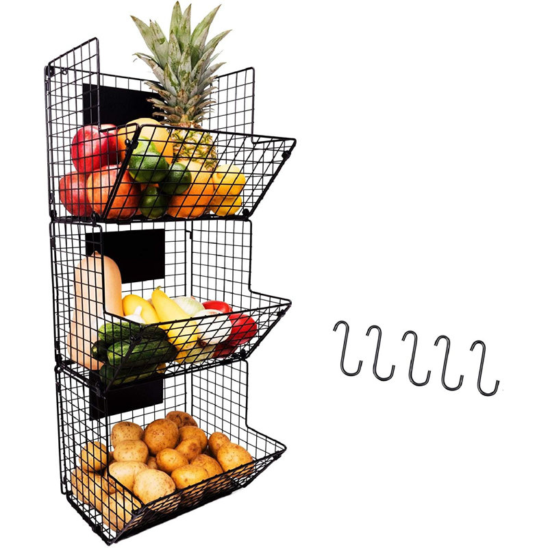 Prep & Savour 3 Tier Hanging Wire Basket Wall Mounted Storage Bins